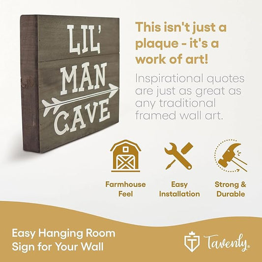 Ingeniuso Wooden Wall Sign - Rustic Home Decor with Lil' Man Cave Sign, Decorative Wooden Art for Bedroom, Game Room, Farmhouse, Kitchen, Living Room - Quotes & Sayings - For Men & Boys - 12" x 12"